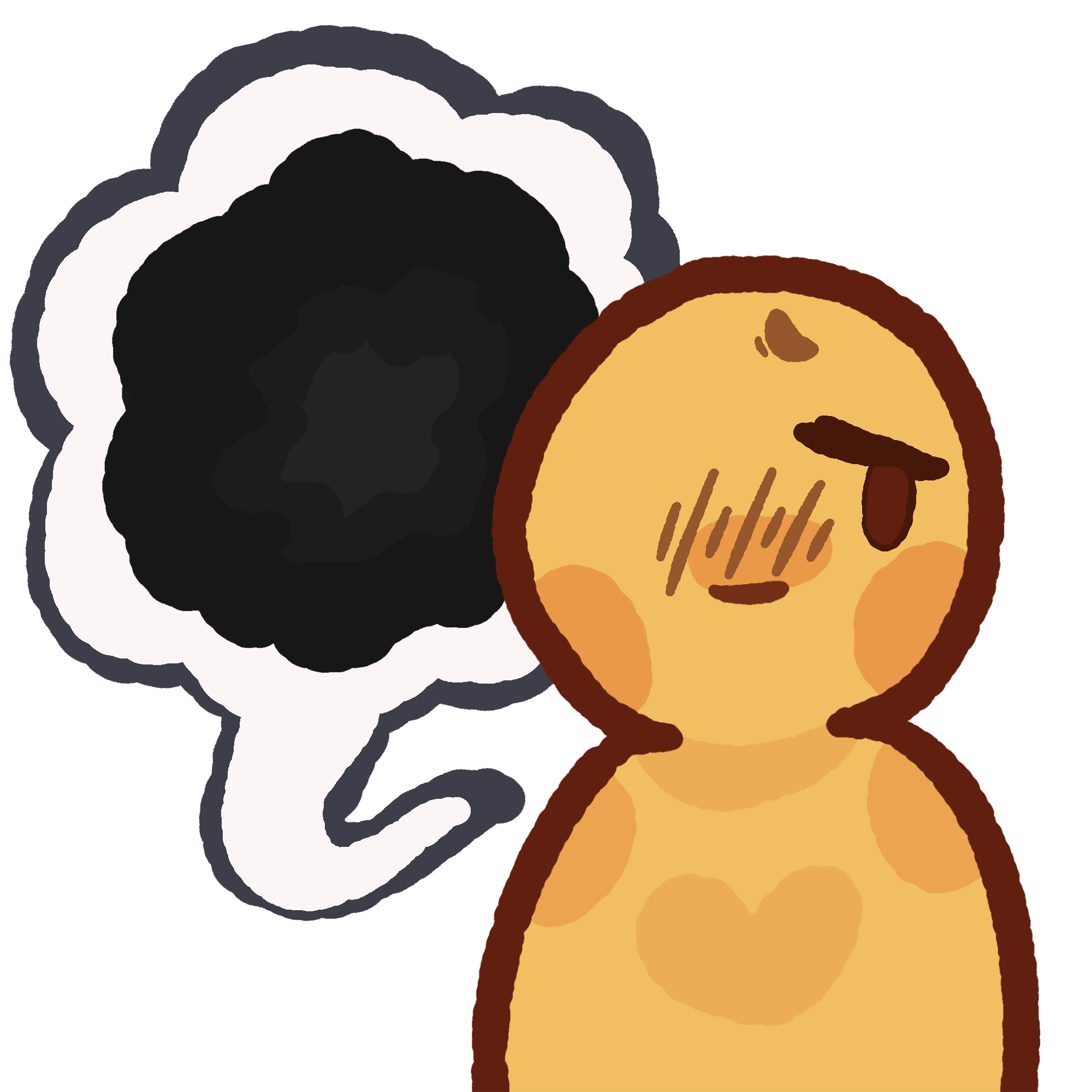 A simple yellow person with a worried/scared expression. A wobbly speech bubble is coming from them, there is a drawing of a blob of black which gets lighter towards the middle